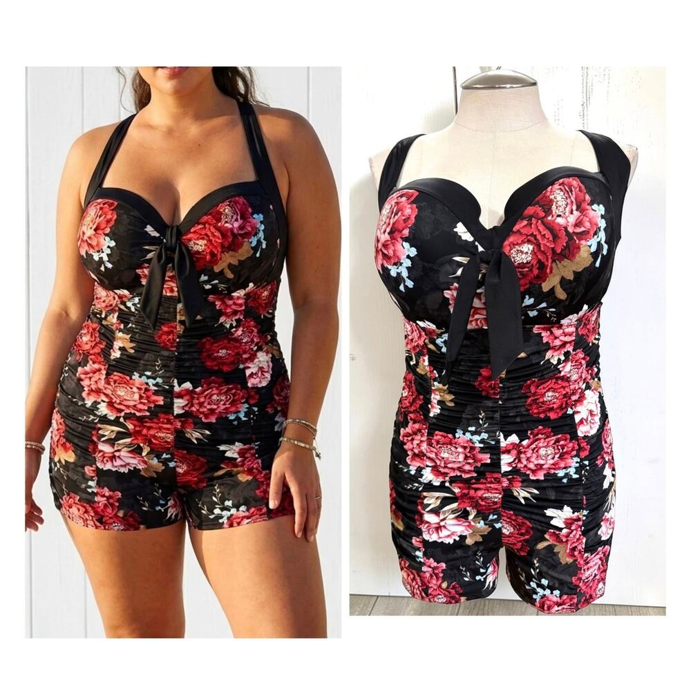 Torrid Size 2 Bra‎ Cup DD/F One Piece Floral Underwire Romper Pin Up Swimsuit